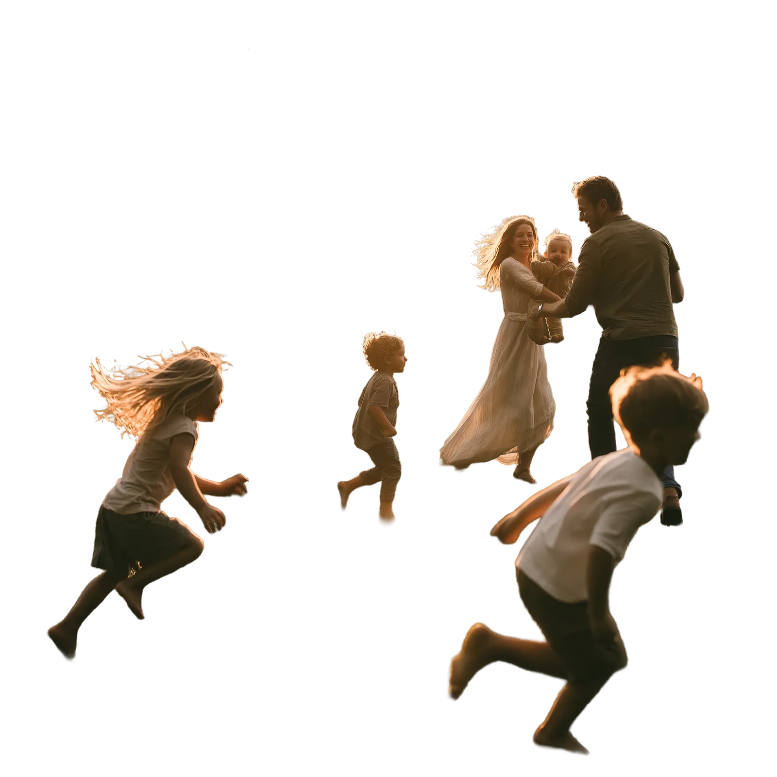 A family playing on the lawn at golden hour