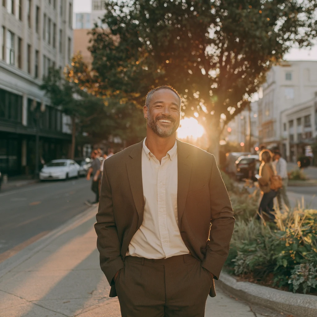 An Elio loan officer smiling on a downtown street at sunset